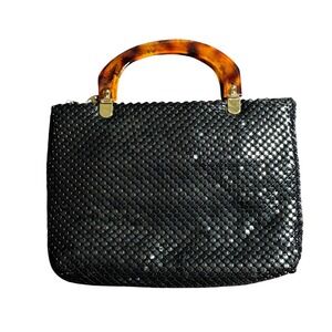 Vintage 60s/70s Black Mesh Handbag w/ Tortoise Lucite Handles, Zip Top